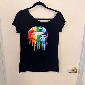Magic Black Tee with Rainbow Lips Graphic